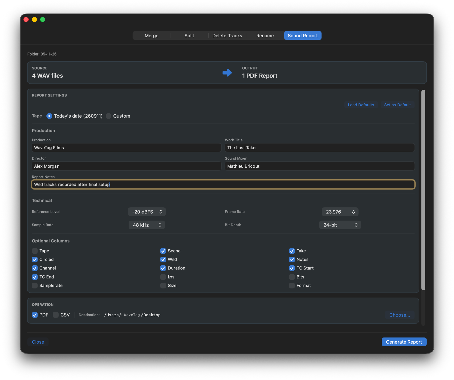Generated WaveTag Pro Sound Report